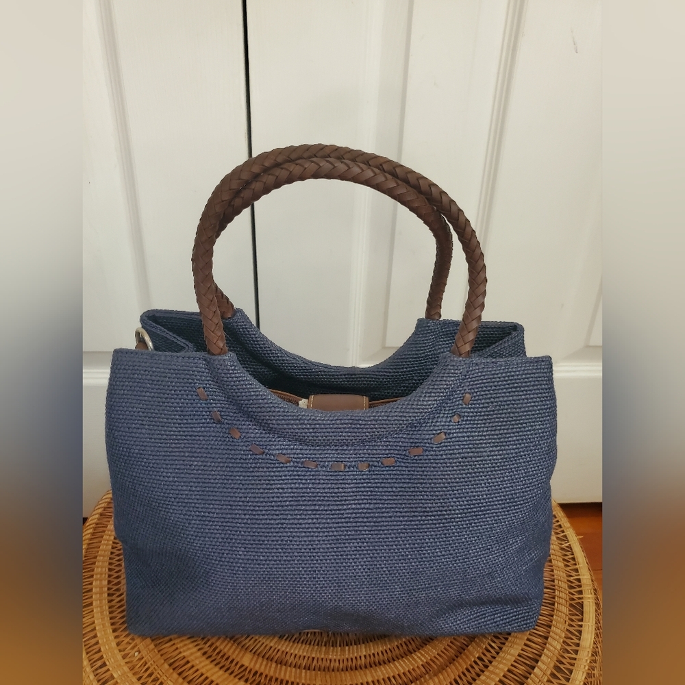 Relic Blue Tweed Textures Handbag With Braided Handles And Detachable Strap